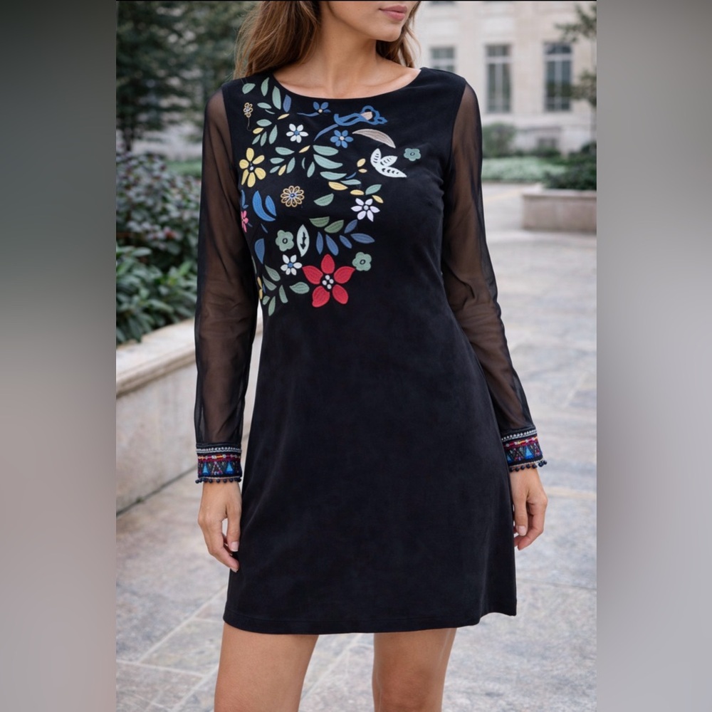 Desigual Embroidered Black Dress EU 44 (US 12 Mesh Sleeves | Stretch Suede Feel